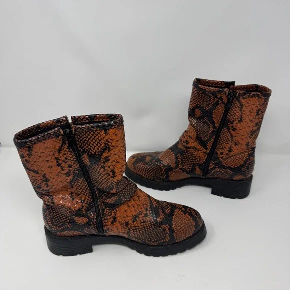Asos Design Womens Snake Print Buckle Moto Boots Brown Black Chunky Heel Size 8 - Picture 7 of 11